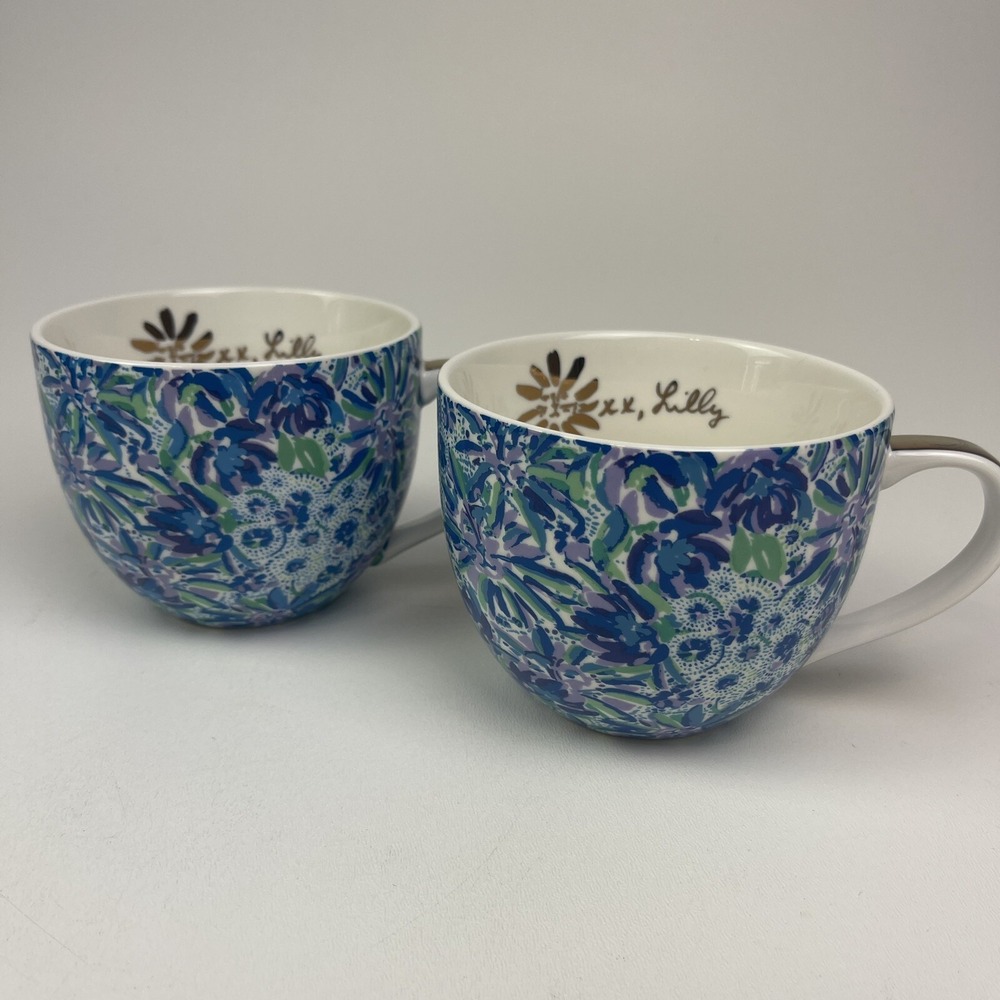 Lily Pulitzer Coffee Cups Tiger Lily Gold Blue Green Floral Set Of 2